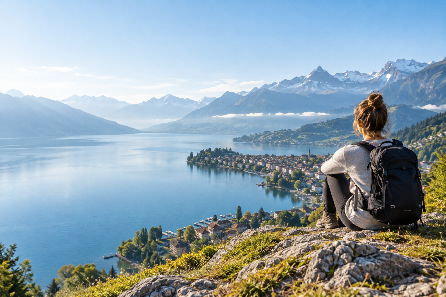 Une voyageuse contemple un lac et un paysage alpin